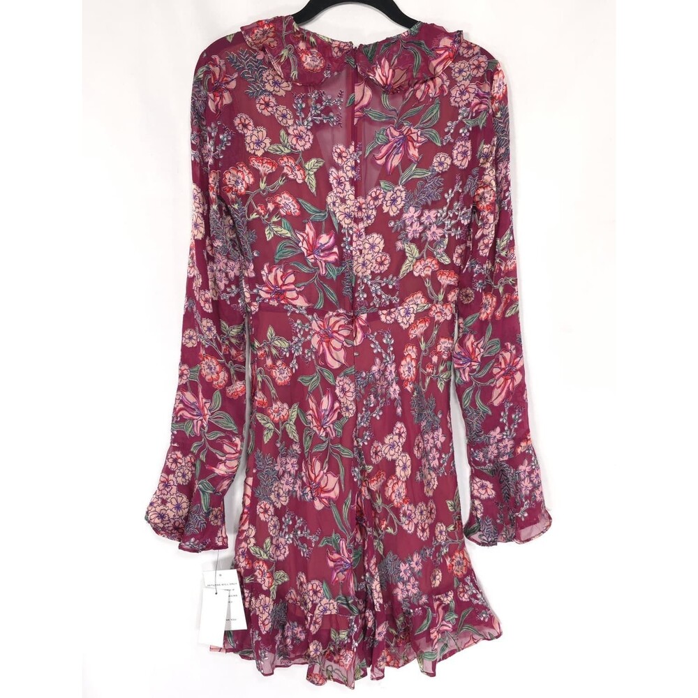 FOR LOVE & LEMONS Womens New Mini Dress SMALL Floral Ruffle Silk Blend Burgundy